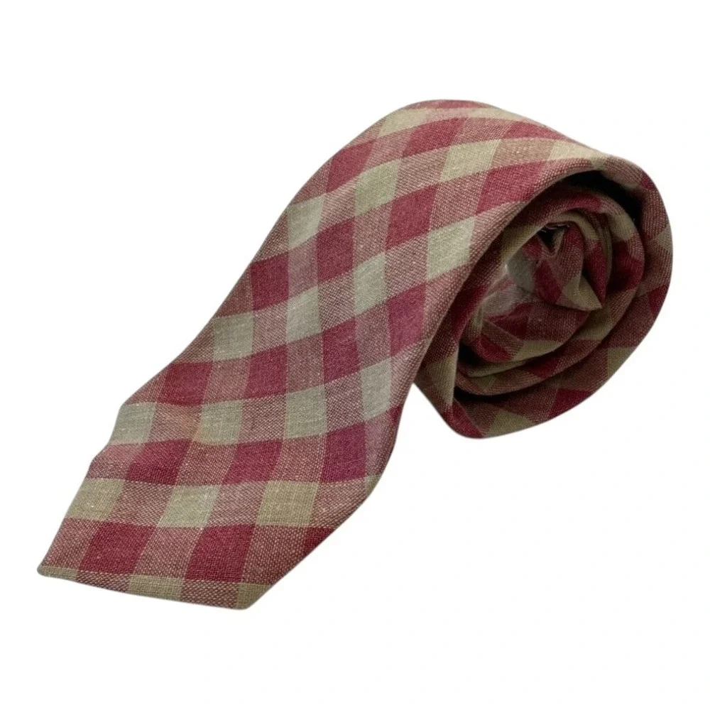 Vintage Vicky Davis Men's Classic Neck Tie Red Beige Check Pattern Silk Blend